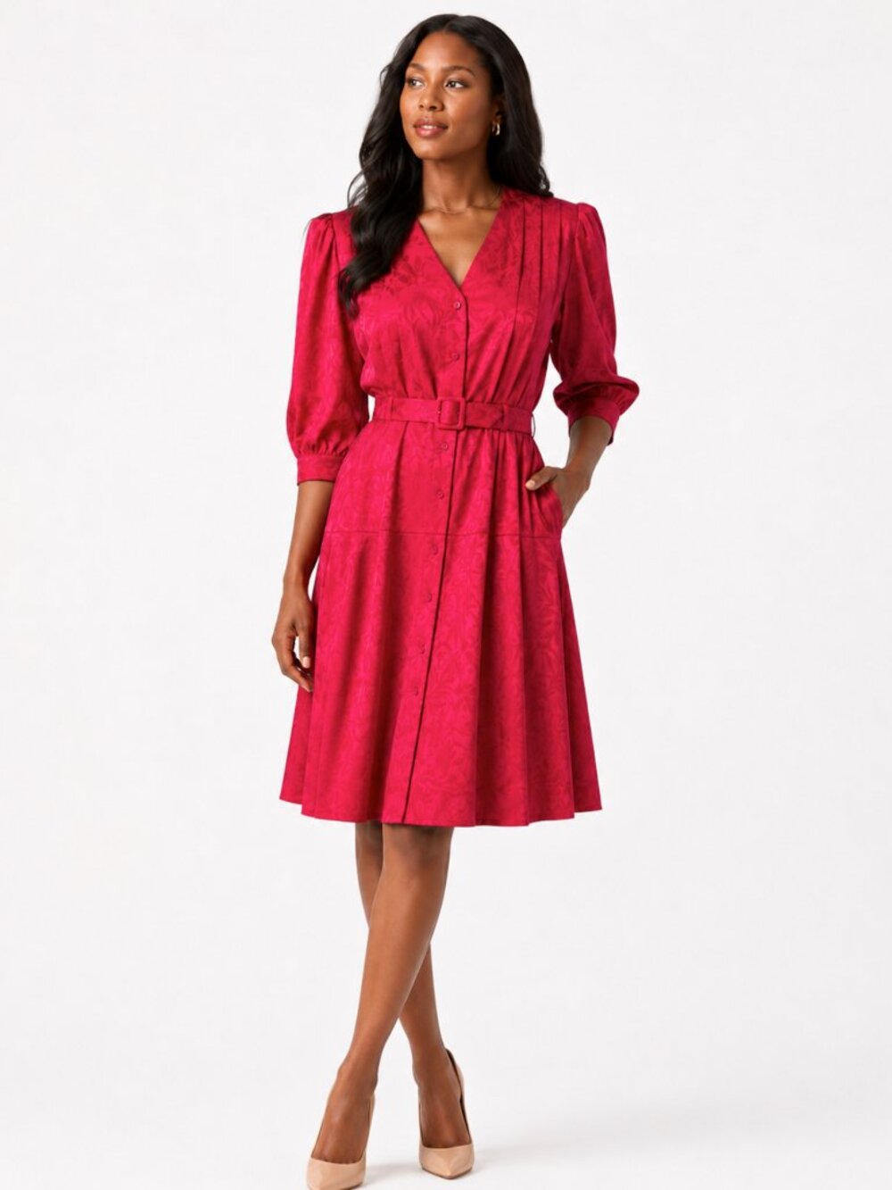 Vintage 80s Argenti Raspberry Silk Jacquard Shirtdress Belted Dress